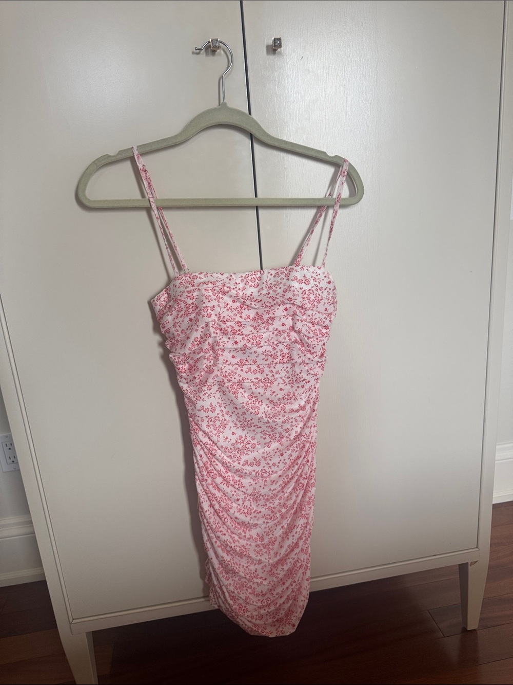 Light Pink Floral Ruched Mini Dress with Spaghetti Straps